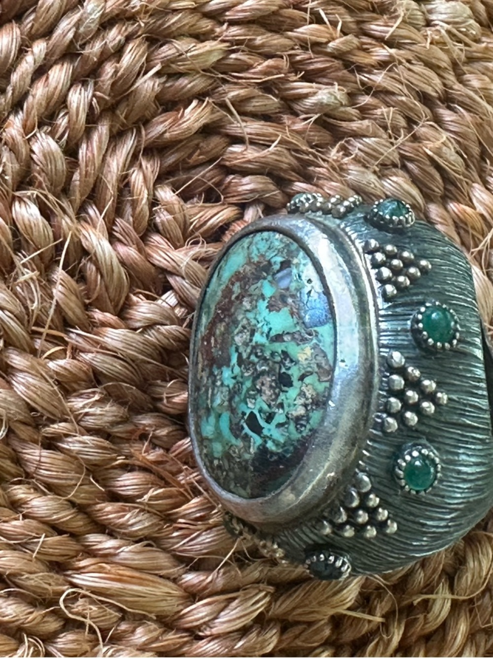 Chunky Silver Ring with Green Turquoise Cabochon - Picture 2 of 4